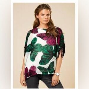 Next Poncho Blouse Fringe studded Boho Plum Butterfly Kimono Top UK 14 /US 10